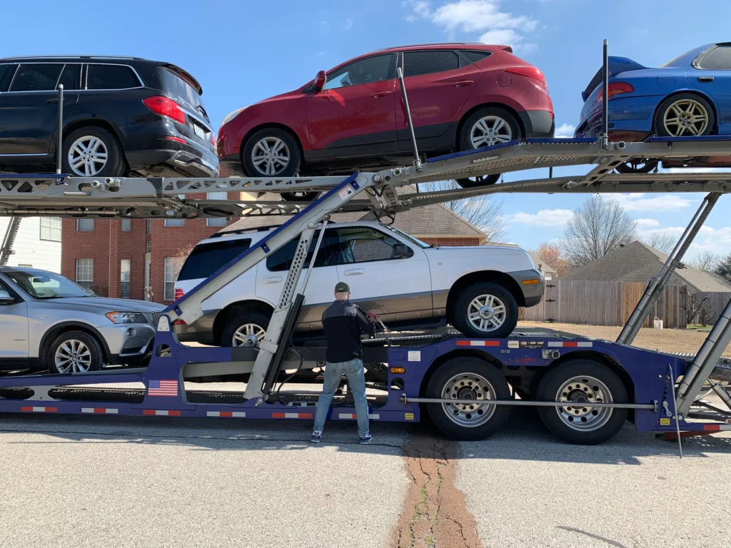 Open car transport trailer in Philadelphia city